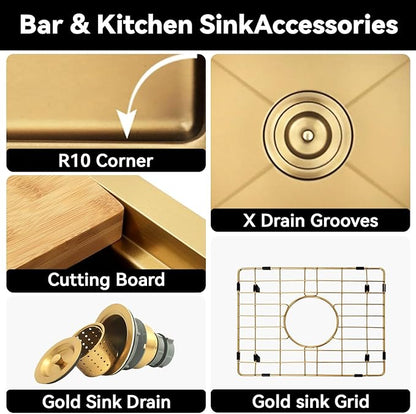 Kitsitchen Gold Bar Sink Undermount,18 Inch Small Bar & Prep Sinks,16 Gauge Stainless Steel Bar Sink with Workstation for Wet Bar Area(18" X 18" X 10")
