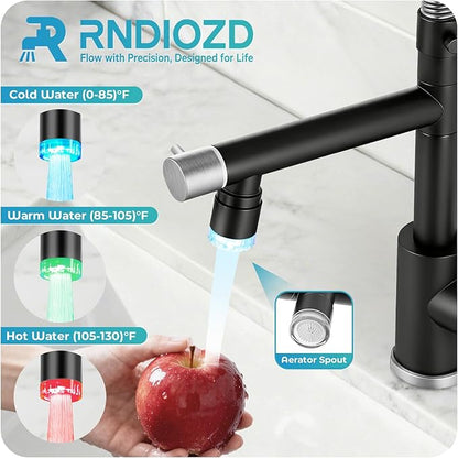 LED Kitchen Faucet with Pull Down Sprayer - Black & Brushed Nickel Single Handle Commercial Kitchen Faucets, 2-Spout Kitchen Sink Faucet, Stainless Steel Spring Pull Out Sink Faucet 1/3 Hole