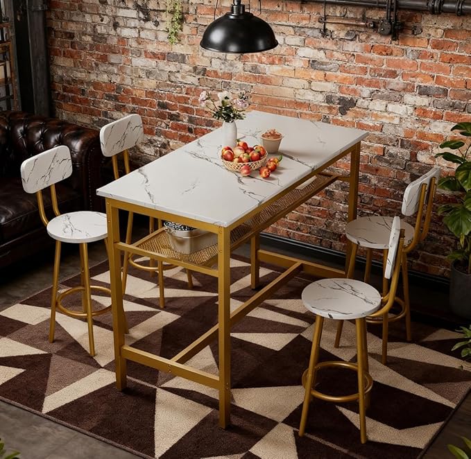 5 Piece Bar Table Set with 4 Stool Modern Bar Height with Storage Shelves Faux Marble Table Top with Gold Metal Frame Bar Table Set for Kitchen Dining Room Small Space