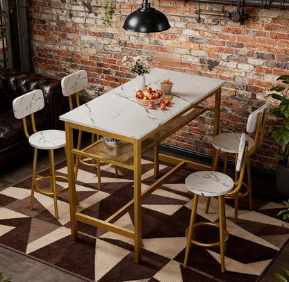 5 Piece Bar Table Set with 4 Stool Modern Bar Height with Storage Shelves Faux Marble Table Top with Gold Metal Frame Bar Table Set for Kitchen Dining Room Small Space