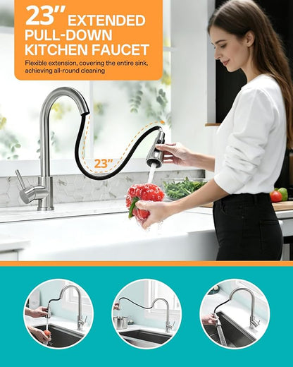 Kicimpro Kitchen Faucet with Pull Down Sprayer, Zero Leakage 3 Hole Brushed Nickel RV Kitchen Sink Faucet with Water Line, NSF Certified Lead-Free 304 Stainless Steel Touchless Kitchen Sink Faucets