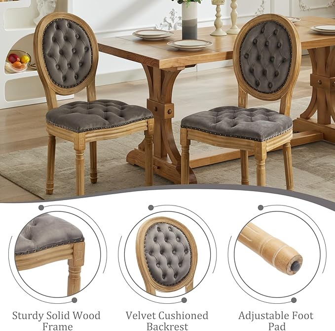 Velvet Dining Chairs Set of 4, Vintage Wooden Dining Chair with Solid Wood Legs, Upholstered Farmhouse Kitchen Chair for Living Room, Restaurant, Bedroom (Gray, Set of 4)