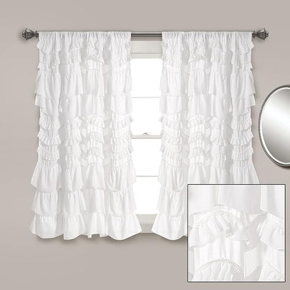 Lush Decor Kemmy Light Filtering Window Curtain Panel Single 52" W x 63" L White - Drapes - Ruffled Curtains for Bedroom - White Curtains - Coquette Decor