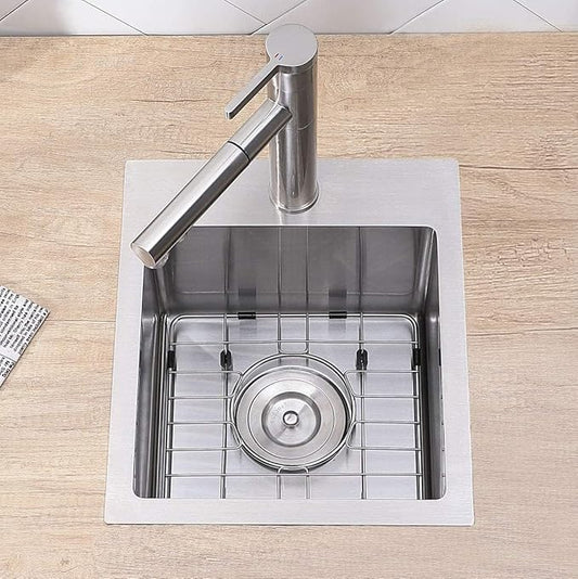 15 x 17 Inch Drop in Bar Sink, Single Bowl Topmount Small Kitchen Sink, 304 Stainless Steel Bar or Prep Sinks, Brushed Nickel