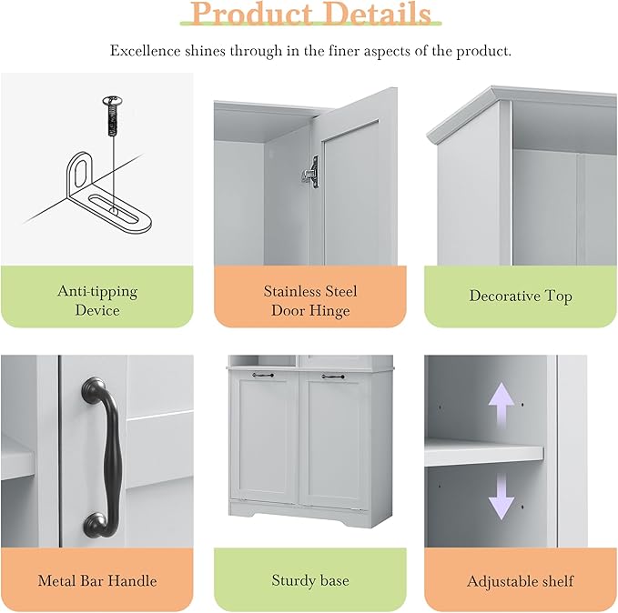68" Tall Bathroom Storage Cabinet with One Door and Two Laundry Hampers for Home Display Organizer, Adjustable Shelf, Gray