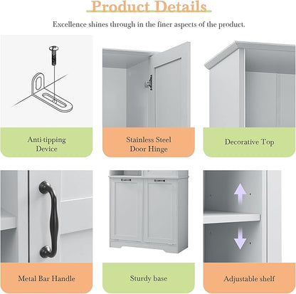 68" Tall Bathroom Storage Cabinet with One Door and Two Laundry Hampers for Home Display Organizer, Adjustable Shelf, Gray