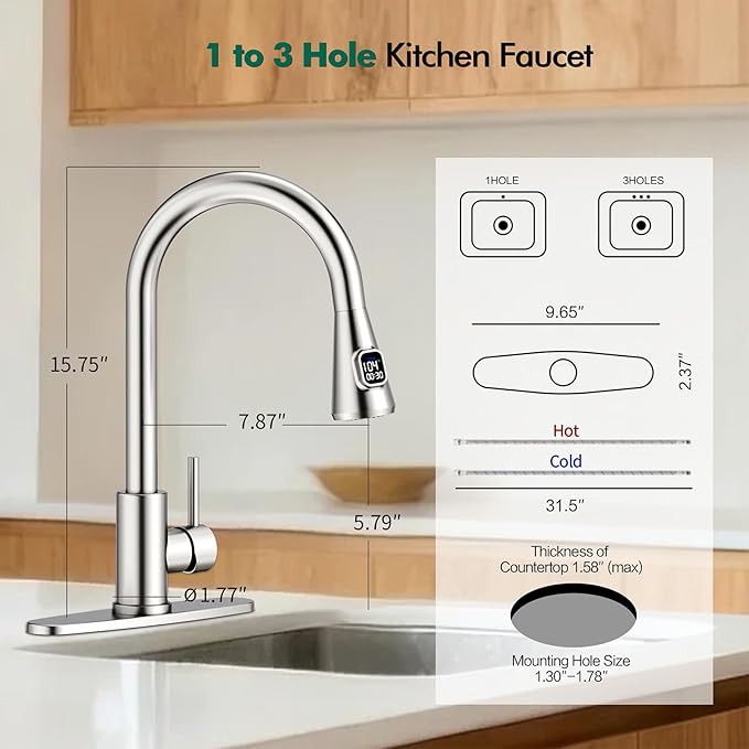 HOMELODY LED Temperature Display Kitchen Faucet with Pull Down Sprayer - Brushed Nickel Single Handle Kitchen Sink Faucet, High Arc Stainless Steel Design for RV Laundry Farmhouse Bar