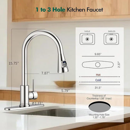 HOMELODY LED Temperature Display Kitchen Faucet with Pull Down Sprayer - Brushed Nickel Single Handle Kitchen Sink Faucet, High Arc Stainless Steel Design for RV Laundry Farmhouse Bar