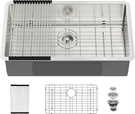30 Undermount Kitchen Sink 30"x18"x8" Single Bowl 16 Gauge Stainless Steel Under Counter Single Bowl Kitchen Sinks Basin with Drain Strainer