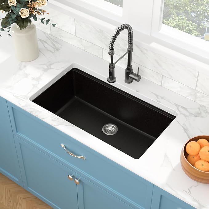 Sarlai 33 Granite Composite Kitchen Sink - 33 x 19 Inch Granite Undermount Kitchen Sink Ledge Workstation Under-Mount White Quartz Classic Single Bowl Sinks Under Counter Basin With Accessories