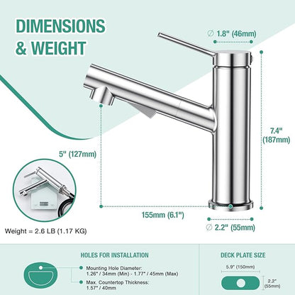 Faustina Bathroom Faucet with Pull Out Sprayer, Polished Finish Bathroom Sink Faucet for Vanity or Laundry, Stainless Steel 1 Handle with Deck Plate for 1 or 3 Hole