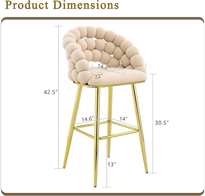 Set of 2 Beige Puffy Bubble Chair Ball Chain Chair Velvet Bar Stools with Gold Legs, Tufted Accent Bar Chairs for Kitchen Island Home Bar