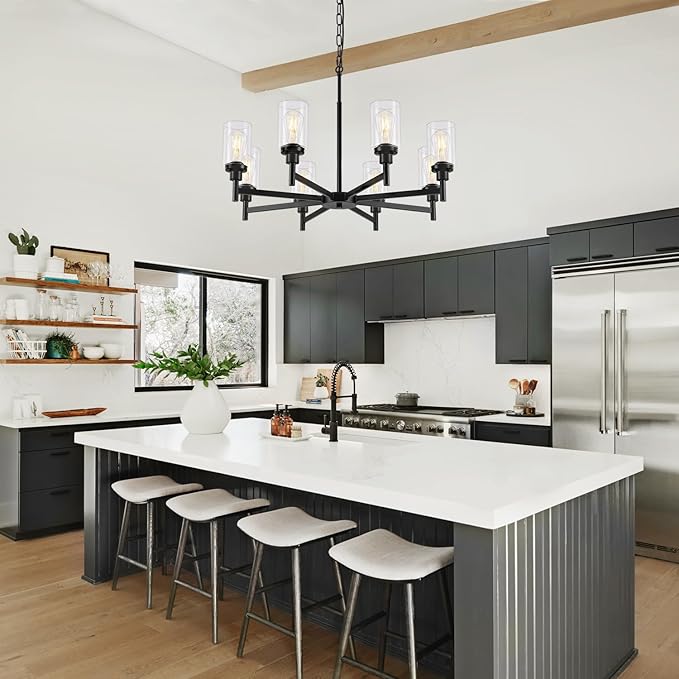 8-Light Farmhouse Glass Chandelier, Modern Black Chandelier for Dining Room Island Lights Industrial Hanging Foyer Lighting Fixtures Chandeliers for Entryway Kitchen Living Room Adjustable Height