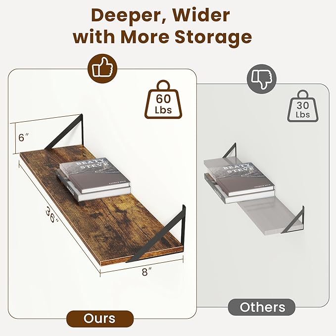 Acovy Deep Floating Shelves for Wall,36Wx8D Wall Mounted Shelves Set of 2,Wall Storage Floating Shelf with Sturdy Metal Brackets for Living Room,Bathroom,Kitchen,Office,Rustic Brown
