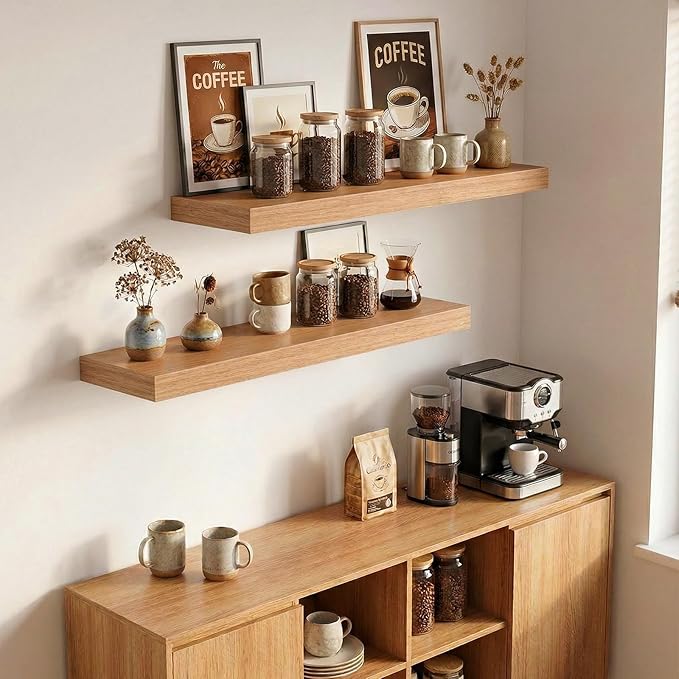 INHABIT UNION 24in Floating Shelves for Wall, Wall Mounted Shelves for Decor Storage Set of 2, Floating Shelf for Bedroom, Bathroom, Living Room and Kitchen（Beech）