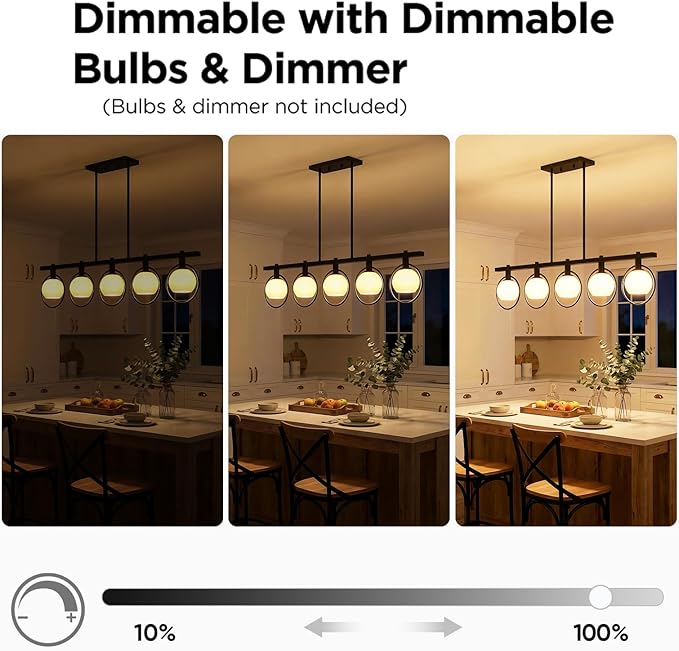 ropelux Dining Room Light Fixture, 5-Light Chandelier for Kitchen Island Over Table with E12 Socket(Bulb not Included), Black Rustic Hanging Pendant Light Fixtures with Frosted White Glass Lampshade
