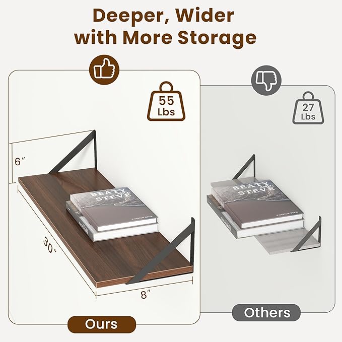Acovy Floating Shelves with Black Metal Brackets Set of 2,30" Wx8 D Wall Mounted Shelves Floating Bookshelf,Hanging Storage Shelf for Living Room,Bedroom,Bathroom,Office,Walnut