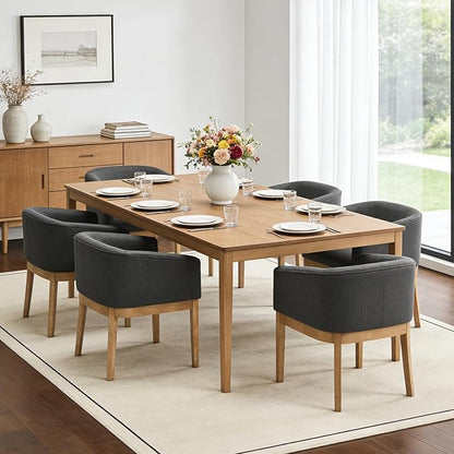 Barrel Dining Chairs Set of 6, Mid Century Modern Farmhouse Kitchen Chairs with Wood Legs, Linen Upholstered Accent Chair with Arms for Living Room/Bedroom, Grey
