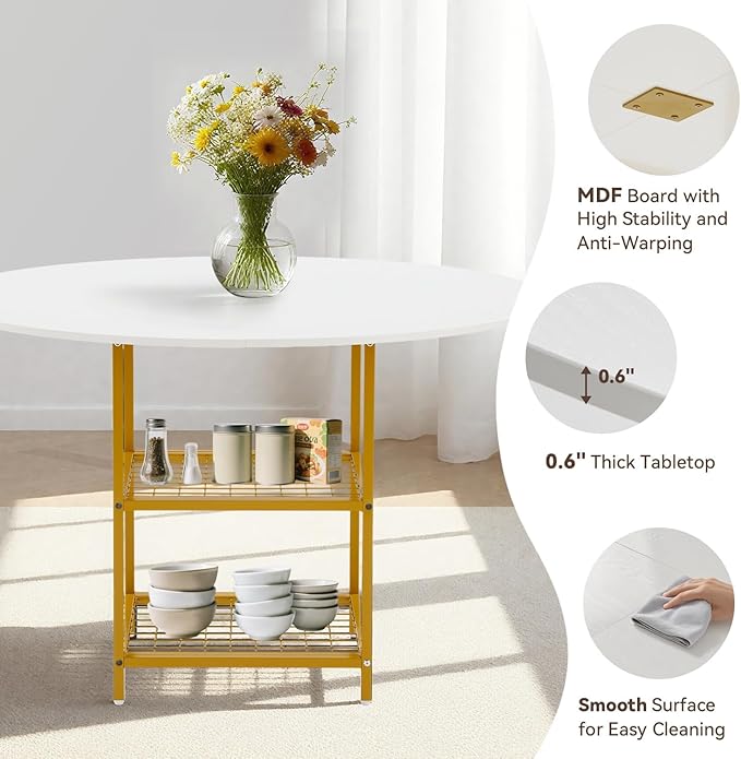 EROMMY Round Dining Table for 4, 47" Wood Kitchen Table with Storage Shelves, Modern Dinner Table for Dining Room Kitchen Living Room, White Gold(Only Table)
