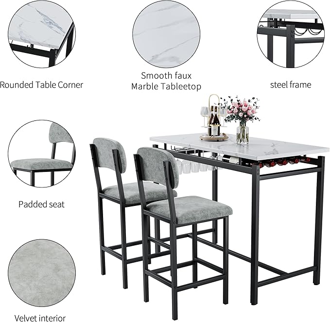 Modern Bar Height Table and Chairs Set - Compact Bar Table and Chairs for 2, Perfect as Small Kitchen Table, Kitchen Island with Seating, or Dining Table with Chairs (Gray)