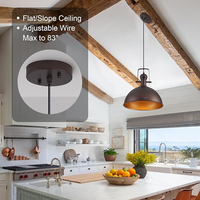 12 Inch Oil Rubbed Bronze Farmhouse Pendant Lights Large Pendant Lights for Kitchen Island Industrial Adjustable Height Vintage Big Dome Hanging Light Fixtures for Barn, Dining Room 3 Packs