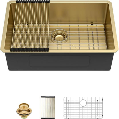 Sarlai Gold Undermount Kitchen Sink - 28 Inch Kitchen Sink Undermount Gold Stainless Steel Single Bowl 28" x 19" Under-Mount 16 Gauge Sinks Under Counter Round Corner Basin