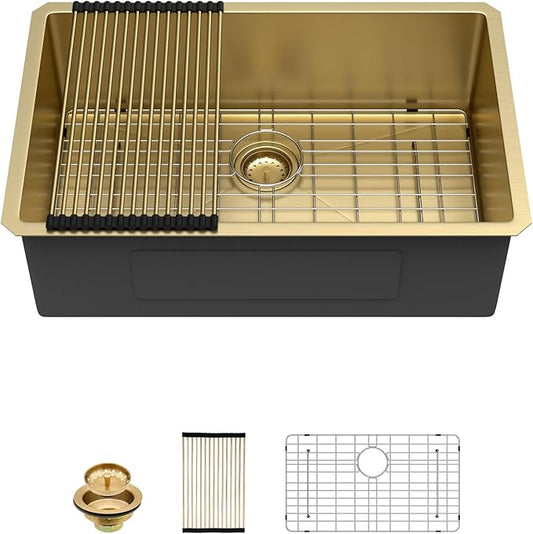 Sarlai Gold Undermount Kitchen Sink - 28 Inch Kitchen Sink Undermount Gold Stainless Steel Single Bowl 28" x 19" Under-Mount 16 Gauge Sinks Under Counter Round Corner Basin
