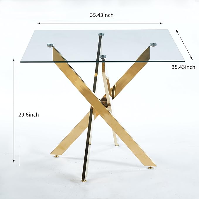 35.43'' Square Glass Dining Table,Modern Kitchen Table for 2-4 People,Dining Room Table with Tempered Glass Top and Metal Legs for Kitchen Apartment
