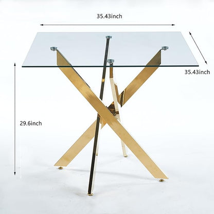 SSLine 35.4" Square Glass Dining Table for 2-4 Modern Clear Glass Tabletop Kitchen Table for 4 Luxury Dinner Tables with Gold Metal Legs for Home Kitchen Dining Room(Table Only)
