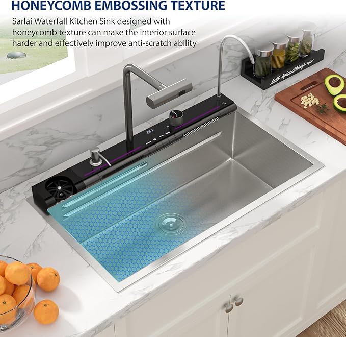 Sarlai 30 Inch Waterfall Kitchen Sink - 30x19 Inch Drop In Workstation Sink With Waterfall Stainless Steel 16 Gauge Multifunction Single Bowl Top Mount Kitchen Sinks with HoneyComb Finish