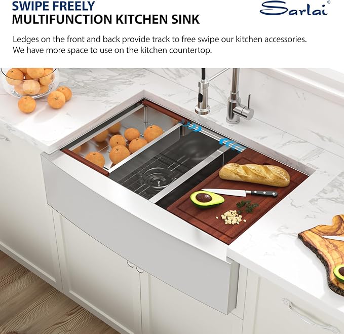 Sarlai 36 Farmhouse Kitchen Sink Double Bowl - 36 x 22 Inch Farm Stainless Steel Sink Apron Front 16 Gauge Ledge Workstation Sinks Low Divide 50/50 Double Basin Under Counter Kitchen Farm Sinks