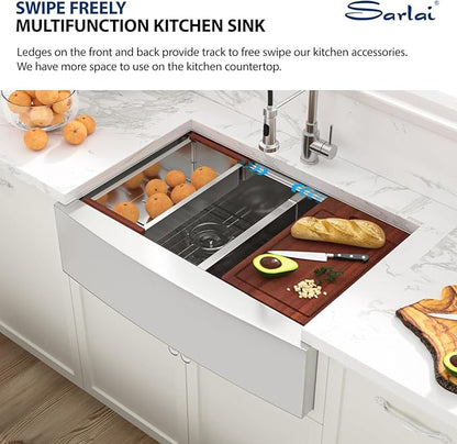 Sarlai 36 Farmhouse Kitchen Sink Double Bowl - 36 x 22 Inch Farm Stainless Steel Sink Apron Front 16 Gauge Ledge Workstation Sinks Low Divide 50/50 Double Basin Under Counter Kitchen Farm Sinks