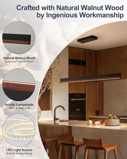 39" Wood Linear Pendant Light, 24W LED Hanging Pendant Light, Dimmable Kitchen Island Lighting with Remote, Adjustable Linear Chandelier for Dining Room, Kitchen Island, Bar, Office-Walnut
