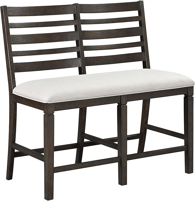 Lexicon 43" W Counter Height Dining Bench with Padded Seat, Ladder Back Wood Frame, Beige Textured Fabric Upholstered Dining Seat for Kitchen/Living Room, Easy Assembly, Dark Espresso