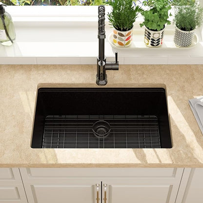 Lordear 30 Inch Black Granite Composite Kitchen Sink Workstation 30x19 Matte Black Undermount Quartz Sinks Under Counter Single Bowl Sink with Black Accessories