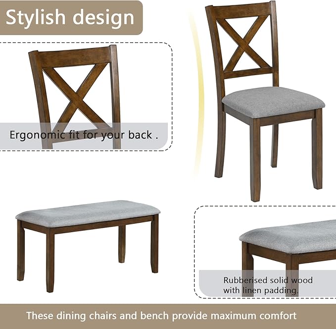 6-Piece Kitchen Dining Set, Rectangular Wooden Dining Table with 4 Upholstered Chairs and 1 Bench, Modern Dining Table Set for 6 People for Dining Room, Home Bar and Kitchen, Walnut