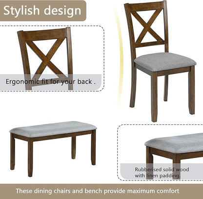 6-Piece Kitchen Dining Set, Rectangular Wooden Dining Table with 4 Upholstered Chairs and 1 Bench, Modern Dining Table Set for 6 People for Dining Room, Home Bar and Kitchen, Walnut