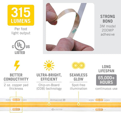 Armacost Lighting RibbonFlex Pro 24V White COB LED Strip Light Tape 3000K, 315 Lumens/Ft, 20M 172260