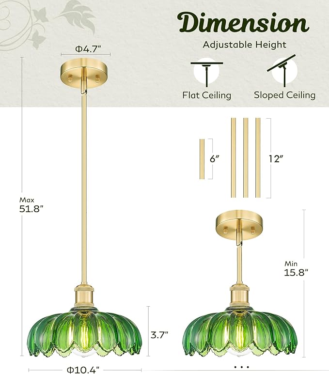 FEMILA 2 Pack Vintage Light Fixtures, Flower Green Glass Pendant Lights Kitchen Island, Brushed Gold Antique Chandelier, Hanging Light Fixture for Bedroom Hotel Living Room, 4FJX82MIL-2PK BG-G