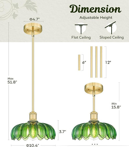 FEMILA 2 Pack Vintage Light Fixtures, Flower Green Glass Pendant Lights Kitchen Island, Brushed Gold Antique Chandelier, Hanging Light Fixture for Bedroom Hotel Living Room, 4FJX82MIL-2PK BG-G