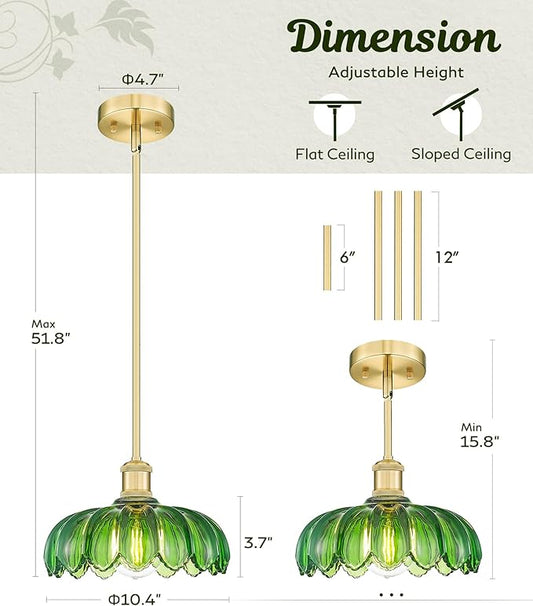 FEMILA 2 Pack Vintage Light Fixtures, Flower Green Glass Pendant Lights Kitchen Island, Brushed Gold Antique Chandelier, Hanging Light Fixture for Bedroom Hotel Living Room, 4FJX82MIL-2PK BG-G