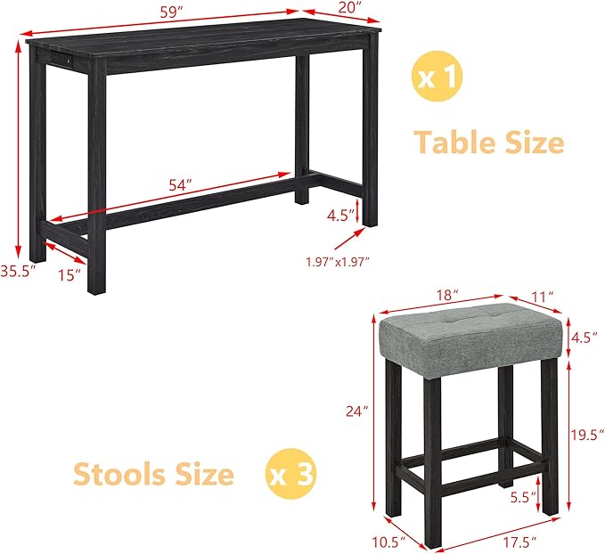 Merax 59" Bar Table Set with Power Outlet,Industrial Breakfast Table with 3 Upholstered Stools w/Footrest,4 Piece Counter Height Bar Table and Chair Set for Living Room,Dining Room,Kitchen,Black