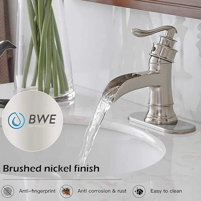 BWE Bathroom Faucet Brushed Nickel Waterfall Single Handle Hole Sink Faucets Bath Vanity Lavatory Vessel Commercial Satin with Water Supply Hose