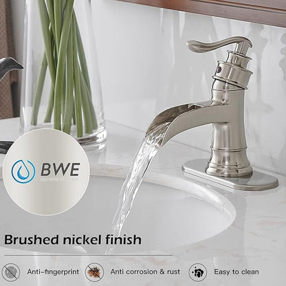 BWE Bathroom Faucet Brushed Nickel Waterfall Single Handle Hole Sink Faucets Bath Vanity Lavatory Vessel Commercial Satin with Water Supply Hose