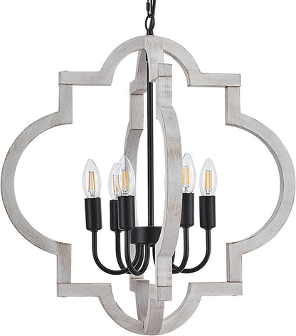 6-Light 21" Farmhouse Orb Chandelier Rustic Handmade Distressed White Wood Hanging Ceiling Pendant Light Fixture Wood Lantern Chandeliers for Dining Room Kitchen Bedroom Foyer Hallway