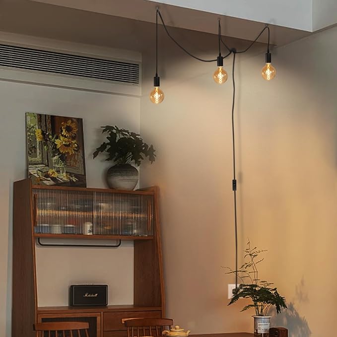 3 Light Plug in Pendant Light, 10ft Black Hanging Lights Cord with On/Off Switch, E26 Vintage Industrial Hanging Lamp Fixtures for Kitchen Island Farmhouse, Bulb Not Included