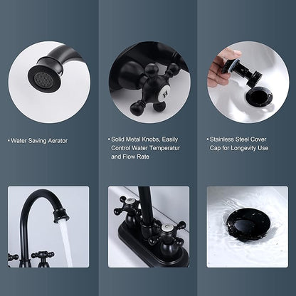 4-Inch Bathroom Sink Faucet Matte Black, Vintage 2-Handle Centerset Vanity Faucet for Bathroom Sink