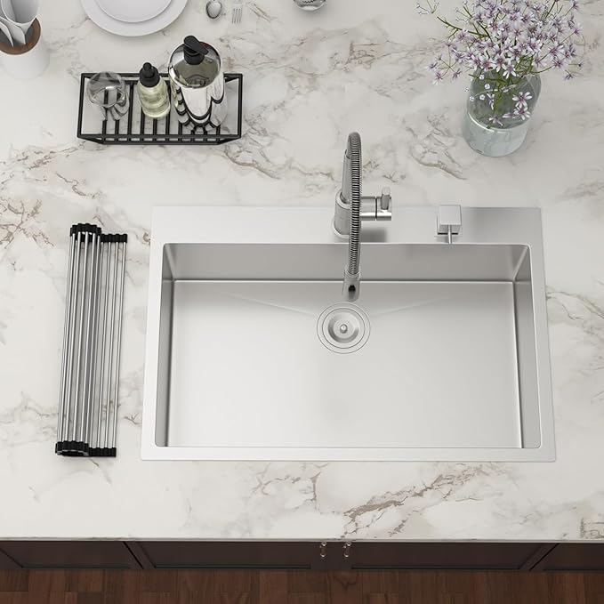 33x22 Drop In Kitchen Sink - Couoko 33 Inch 16 Gauge T304 Stainless Steel Drop In Sink Large Deep Handmade Single Bowl Kitchen Sinks with Accessories, 33"x22"x9"