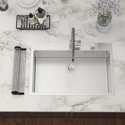 33x22 Drop In Kitchen Sink - Couoko 33 Inch 16 Gauge T304 Stainless Steel Drop In Sink Large Deep Handmade Single Bowl Kitchen Sinks with Accessories, 33"x22"x9"