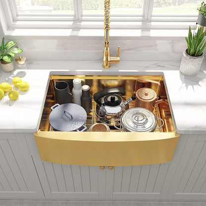 HEARCATE 30 Inch Luxury Gold Farmhouse Sink 16 Gauge Stainless Steel Workstation Undermount Apron Front Gold Kitchen Sink 10 Inch Deep Single Bowl Farm Sink